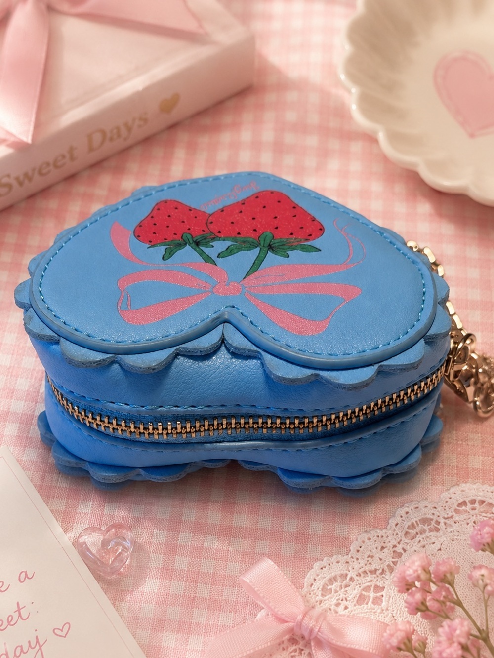 Juicy Couture Blue Heart Strawberry Coin Purse Keychain Charm Wallet - Picture 3 of 5